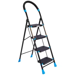 Amazon Basics Curvo - Foldable Step Ladder, Ribbed Steps, Knee Guard, Non-Marring PVC Shoes, 4 Steps (Black & Blue)