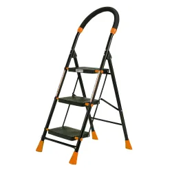 Amazon Basics Curvo-Foldable Step Ladder, Ribbed Steps, Knee Guard, Non-Marring PVC Shoes, 3 Steps (Black & Orange)
