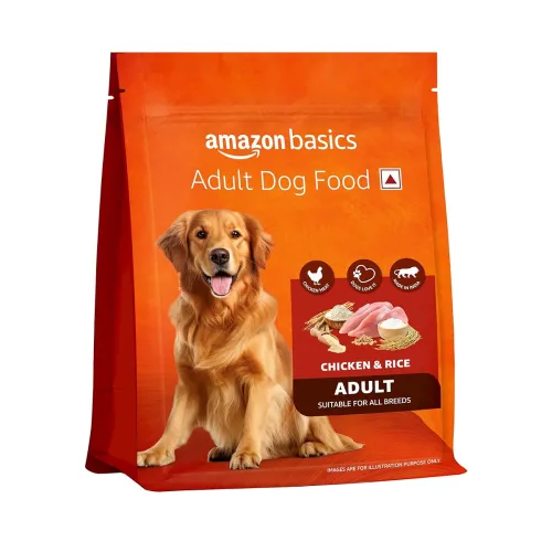 Image of Amazon Basics Dry Dog Food | 1 Kg Trial Pack| Chicken & Rice | with Real Chicken Meat | Kibble for Adult Dogs | Packed w