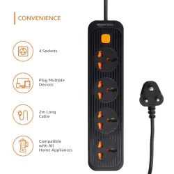 Amazon Basics Extension Board 4 AC Socket, 1500 Watts, Black, 250 Volts