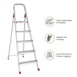 Amazon Basics Foldable 5-Step Aluminium Ladder | Double-Lock with Hinges | 