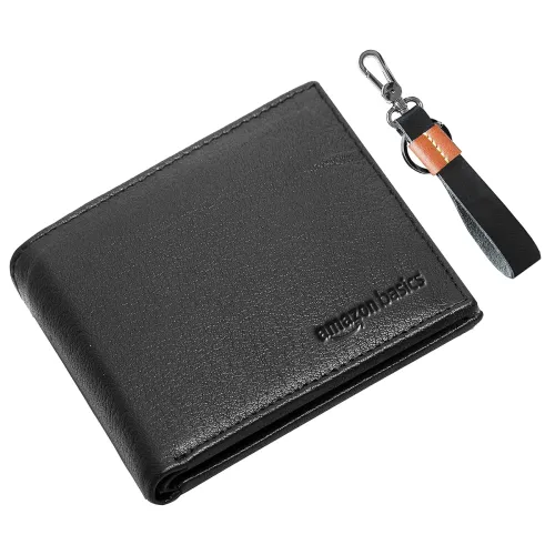 Image of amazon basics Genuine Leather Wallet, Keyring in Gift Box