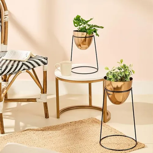 Image of amazon basics Metal Planter with Round Stand (Set of 2) | for Living Room /Bedroom /Office Décor (Gold)