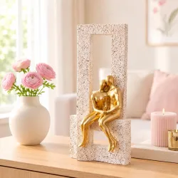 Amazon Basics Graceful Abstract Couple Figurine for Home & Office Décor | Modern Romantic Sculpture Showpiece for Living Room, Shelf, Study Table & Bedroom Styling (Gold & Beige, 19 cm)