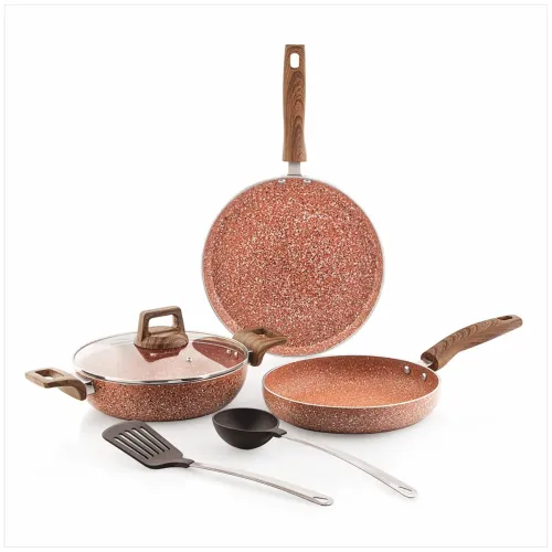Image of Amazon Basics Granite Finish Non Stick 5 Pcs Induction Base Cookware Set- Rust