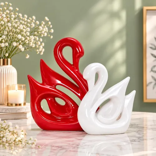 Image of Amazon Basics Happy Swan Couple Piano Finish Ceramic Figures for Home Decor