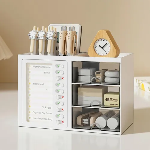 Image of Amazon Basics Large Desk Organiser with Drawers | 24.3 × 13.1 × 16.5 cm | White | Plastic | 8 Compartments | Durable Des