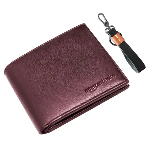 Image of Amazon Basics Genuine Leather Wallet Keyring Gift Set Brown