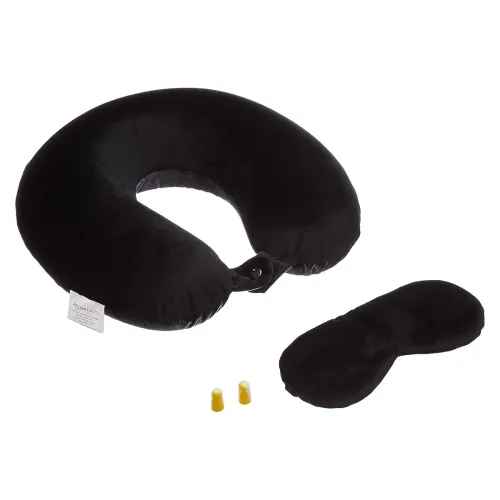 Image of Amazon Basics Memory Foam Travel Neck Pillow with Eye Mask & Ear Plugs Combo|Ultra Soft Velvet Fabric|Ergonomically Desi