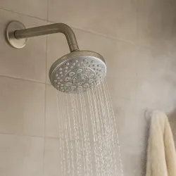 Amazon Basics Shower Head for Bathroom | Round Multifunction 5-Spray Overhead Shower | Wall Mount Bathroom Shower with Pause Function, Chrome Finish, 3.9 Inches Wide Sprayface, CHROME finish