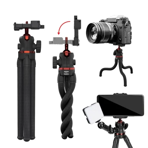 Image of Amazon Basics Flexible Tripod with Hidden Phone Holder & Cold Shoe Mount | 360° Rotating Ball Head with Bubble Level | 1