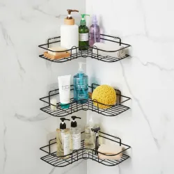 Amazon Basics Self-Adhesive Corner Shelf | No-Drill, Wall-Mounted Organizer for Bathroom, Kitchen & Living Room – Premium Rust Proof GI Metal, 27 x 27 x 6 cm, Black, Pack of 3
