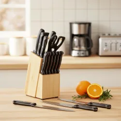 amazon basics Stainless Steel Knife Set with High-carbon Blades and Pine Wood Block, 14 Pieces