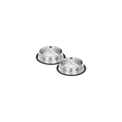 Amazon Basics Stainless Steel Printed Pet Bowl | 700 Ml x 2 | for Dogs and Cats | Dry Kibble, Wet Food, Water Bowl | No-Tip, Non Sliding Design | Dishwasher Safe, Medium, Small