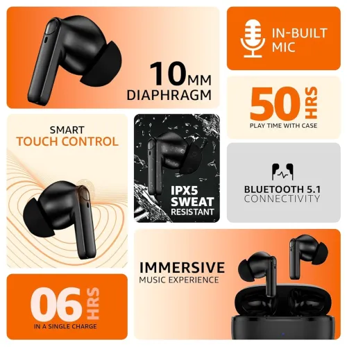 Image of amazon basics True Wireless in-Ear Earbuds with Mic, 10MM Dual Drivers, Touch Control