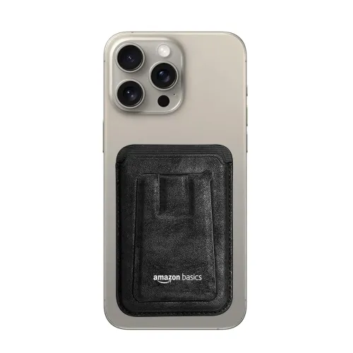 Image of amazon basics Unisex Magnetic Magsafe Wallet | Secure-Grip Finger Loop | Vegan Leather (Black)