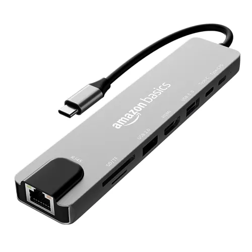 Image of Amazon Basics USB-C Hub 8-in-1 | 4K HDMI, LAN, PD, SD/TF |