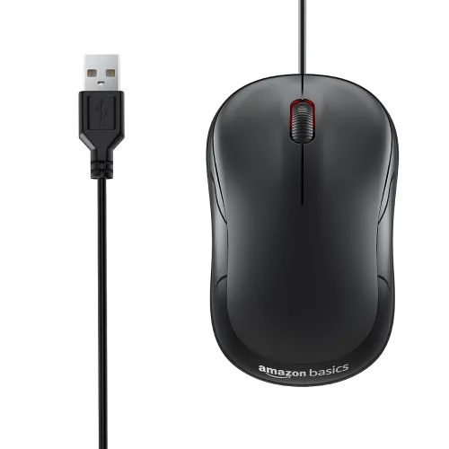Image of amazon basics Wired USB Mouse, 3-Button, 1000 DPI Optical Sensor, Plug & Play, for Windows/Mac