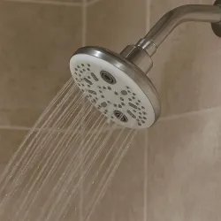 Amazon Basics Shower Head for Bathroom | Round Multifunction 5-Spray Overhead Shower | Wall Mount Bathroom Shower with Pause Function, Chrome Finish, 4.5 Inches