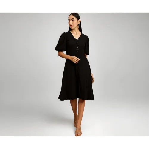 Image of Amazon Brand - INKAST Women A-Line Midi Dress | Puff Sleeves