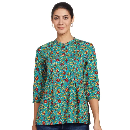 Image of Amazon Brand - Myx Women's Cotton A-Line Short Kurti (MYX-AW21-NITAI-01_Blue Floral_x-Small)