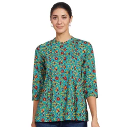 Amazon Brand - Myx Women's Cotton A-Line Short Kurti (MYX-AW21-NITAI-01_Blue Floral_x-Small)