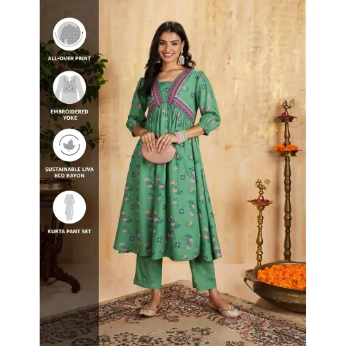 Image of Amazon Brand - Myx Women's Rayon Floral Kurta and Pant Set (Available in Plus Sizes)