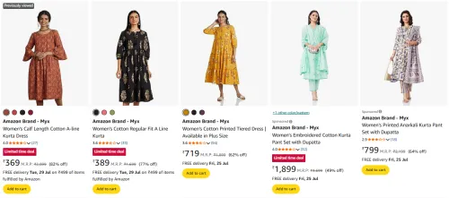 Image of Amazon Brand - Myx Women's Kurta Upto 82% Discount