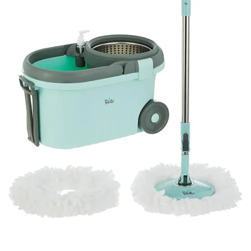 Image of Amazon Brand – Presto! Clean Steel Spin Mop | Plastic & Stainless Steel | 2 Microfiber Refills | Big Wheels with Drag Ha