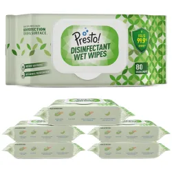 Amazon Brand - Presto! Disinfectant Wet Wipes With Lid | 480 Count | (80 Counts x Pack of 6) | Germ Protection for Skin and Surface