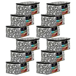 Amazon Brand - Solimo Metalic 12Piece Non Woven Fabric Clothes, Saree Cover Bags Set With Transparent Window, Extra Large, Flower-Black
