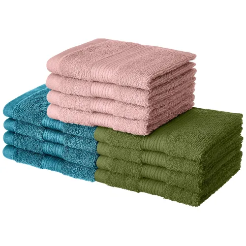 Image of Amazon Brand - Solimo 100% Cotton 12 Piece Towel Set, 500 GSM (Turquoise Blue, Olive Green and Baby Pink)
