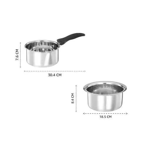 Image of Amazon Brand - Solimo - 2 Pcs Stainless Steel Cookware Set - (Tope 18 cm, Sauce 14 cm) 2500 Liter, Glossy Finish (890602