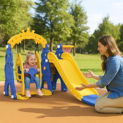 Image of Amazon Brand - Solimo 3-in-1 Garden Castle Slide & Swing for Indoor & Outdoor Use |