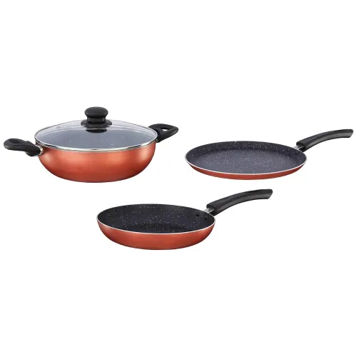 Image of Amazon Brand – Solimo 3-Piece Non-Stick Granite Finish Cookware Set