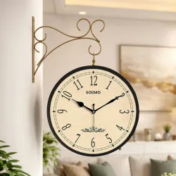 Amazon Brand – Solimo 10-Inch Vintage Station Analog Clock One Side Roman and Other Side Numeral Dial (Black with Brass Finish)