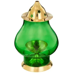 Amazon Brand - Solimo Brass Akhand Jyot with Green Borosilicate Glass Festival Essential
