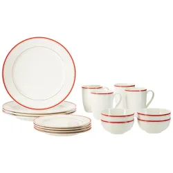 Amazon Brand - Solimo Ceramic 16 Piece Solid Dinner Set | 4 Dinner Plates, 4 Quarter Plates, 4 Mugs & 4 Small Bowls | Red Strip Design