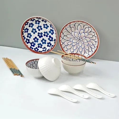 Image of Amazon Brand - Solimo Ceramic Bowl with Plate Chopstick Set (14Pcs)