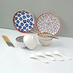Amazon Brand - Solimo Ceramic Bowl with Plate Chopstick Set (14Pcs)