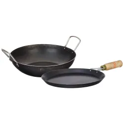 Amazon Brand - Solimo Sheet Metal Iron Cookware Set of 2 Pc (Tawa 23 cm Dia, Kadai 24 cm Dia) 100% Toxin-Free, Naturally Non-Stick, Long Lasting, Gas & Induction Stove-Friendly