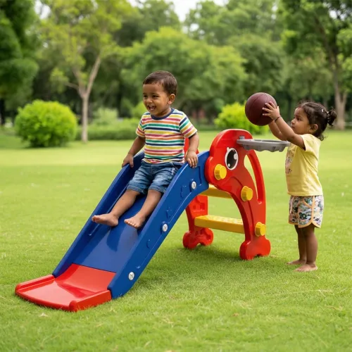 Image of Amazon Brand – Solimo Dolphin 2-in-1 Toddler Slide with Basketball Hoop & Ball