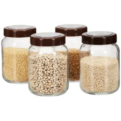 Amazon Brand - Solimo Glass Transparent Storage Jar with Brown Plastic Cap for Pickles, Spices | BPA Free | Set of 4 | 750 ml