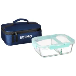Amazon Brand - Solimo Microwave Safe Two Compartment Lunch Box Set for Office with Bag | Borosilicate Glass | Safety Loc