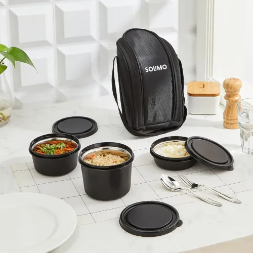 Image of Amazon Brand - Solimo Lunch Box Set with Bag (Office, School & Travel) | 3 Steel Inner Containers (250 ml, 400 ml, and 5