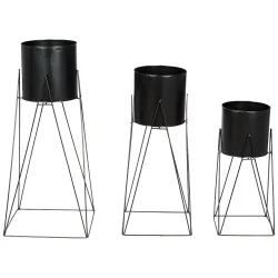 Amazon Brand - Solimo Metal Planters Pot Holder (Square Base) with Metal Plant Stand (Black, Set of 3) | Tall Indoor Plant Stand with Planter Pot, suited for indoor/outdoor