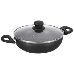Amazon Brand - Solimo Non-stick Kadhai with Glass Lid (24 cm, 2.25L, Granite Finish), Black