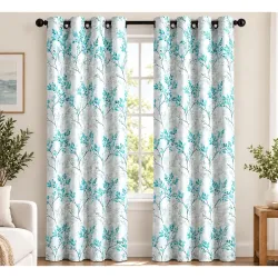 Amazon Brand - Solimo Polyester 75% Blackout Door Curtains|Door Curtains|7 Feet|Set of 2|Leaf Print Design |for Living Room Kids Room and Bedroom |White& Blue