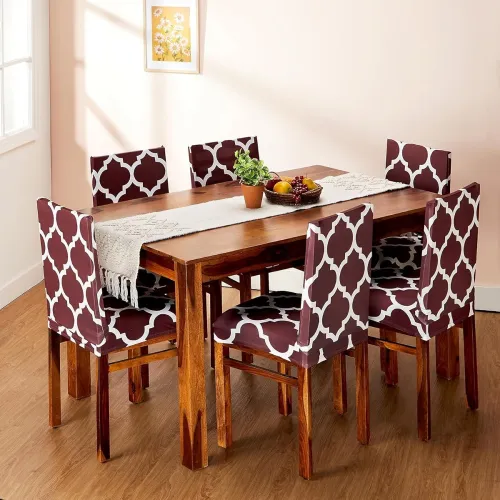 Image of Amazon Brand - Solimo Polyester Spandex Geometrical Dining Chair Cover, Stretchable & Washable Slipcover, Brown (Set of 