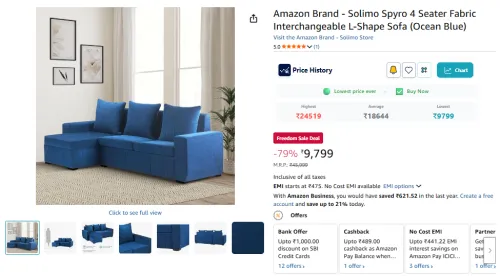 Image of Amazon Brand Solimo Spyro 4‑Seater L‑Shape Sofa – Ocean Blue